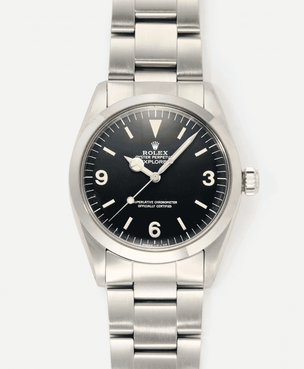 Vintage Rolex Explorer 1016 with its iconic 3-6-9 black dial and steel Oyster bracelet.