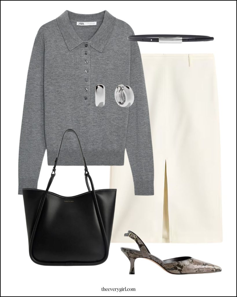Outfit featuring a textured polo sweater paired with wide-leg office trousers.