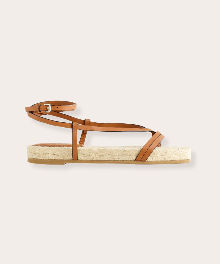 Espadrille thong sandals with ankle straps.