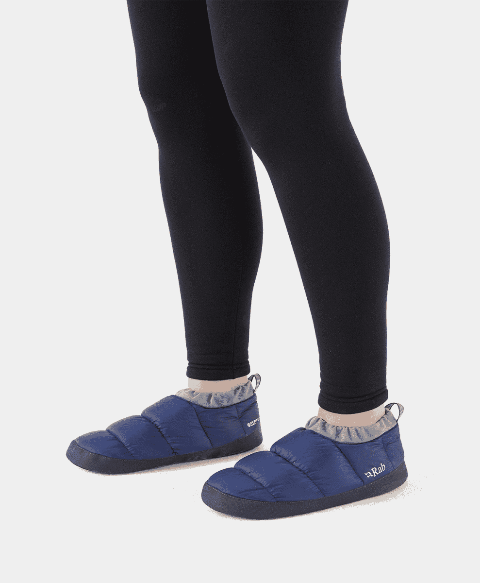 Profile view of the Rab Down Hut Slippers showing the down-filled baffles.