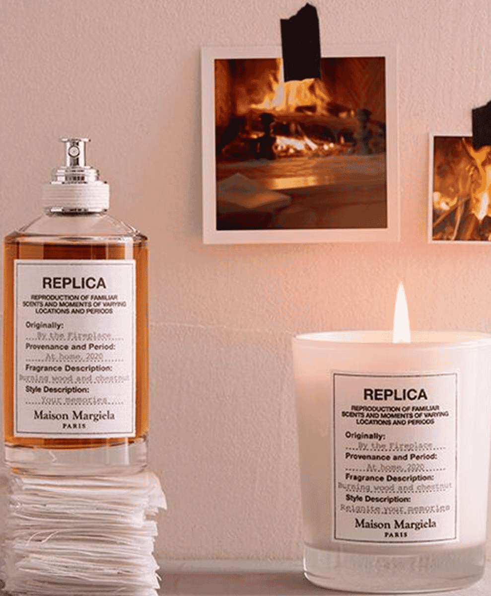 Macro shot of the Maison Margiela 'By the Fireplace' candle label.