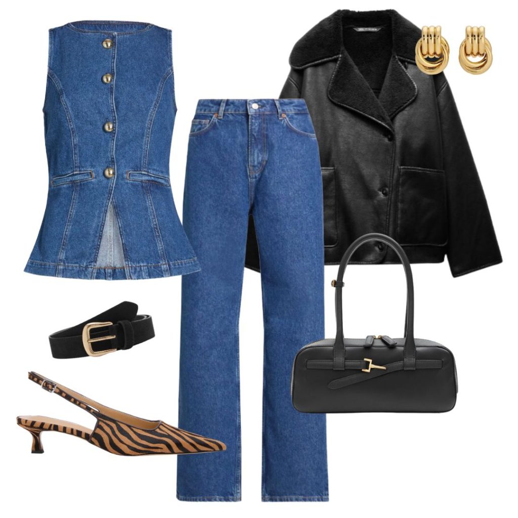 Edgy outfit featuring zebra print heels and denim for Galentine's Day.