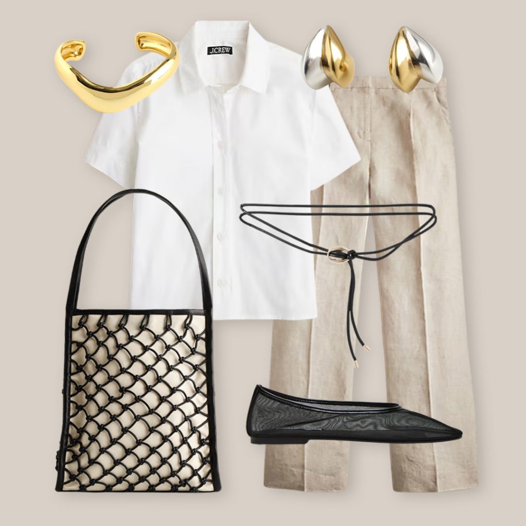 Neutral wide-leg trousers paired with a simple tucked-in sleeveless top for a business casual look.