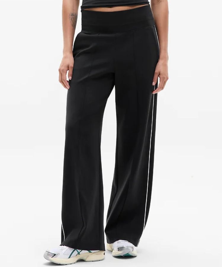 Athleta Venice Track Stripe Wide Leg Pant in Black.