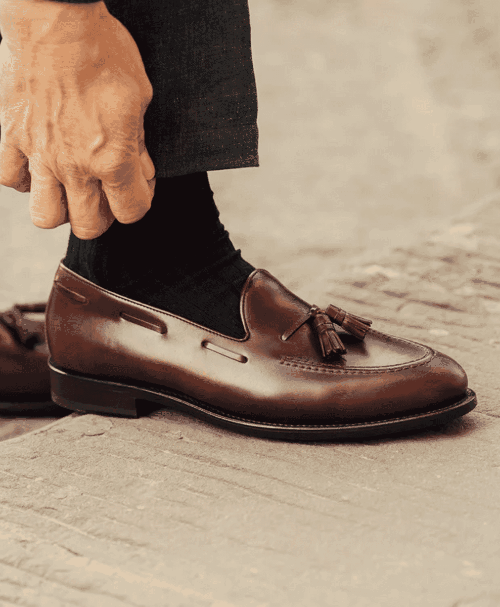 Burgundy brown cordovan leather Ugialatt tassel loafers.