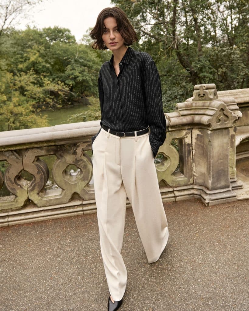Structured professional blazer and tailored trousers by Theory