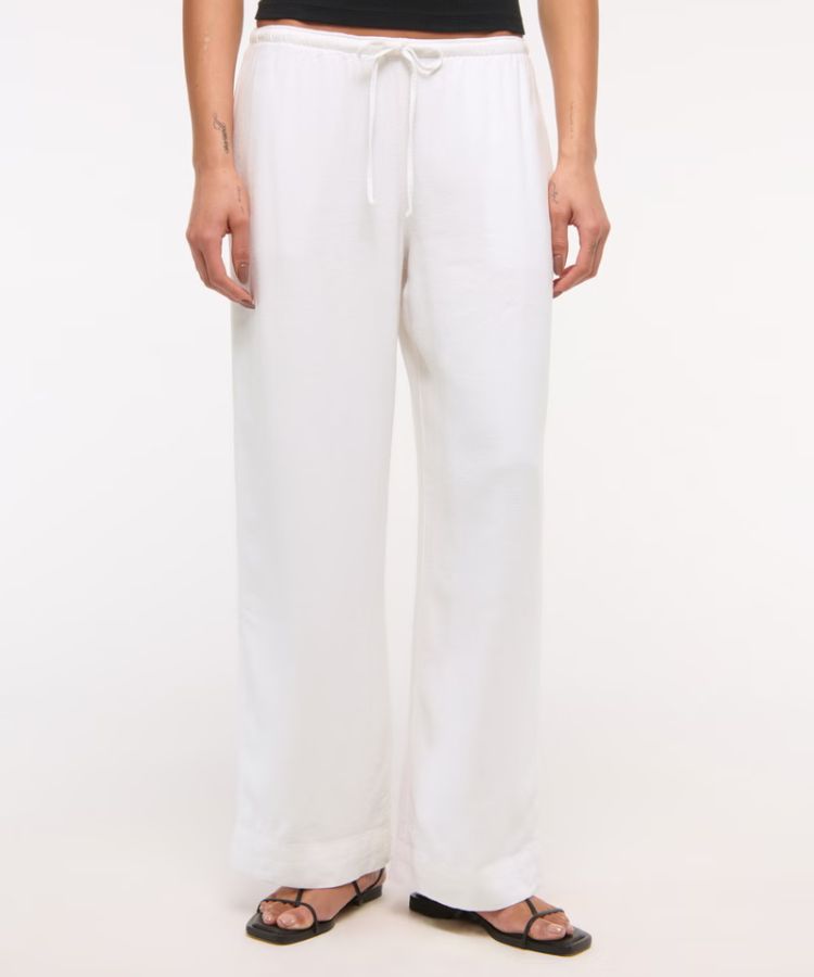 Linen-blend pull-on pants in a neutral shade.