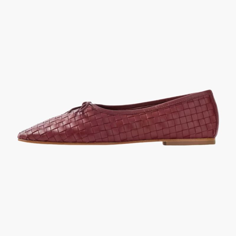 Quince Italian Leather Woven Ballet Flats showing intricate leather weaving.