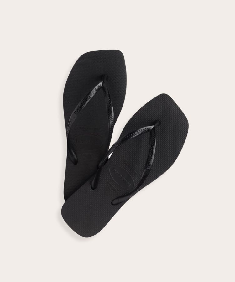 Slim point flip-flops with thin straps.