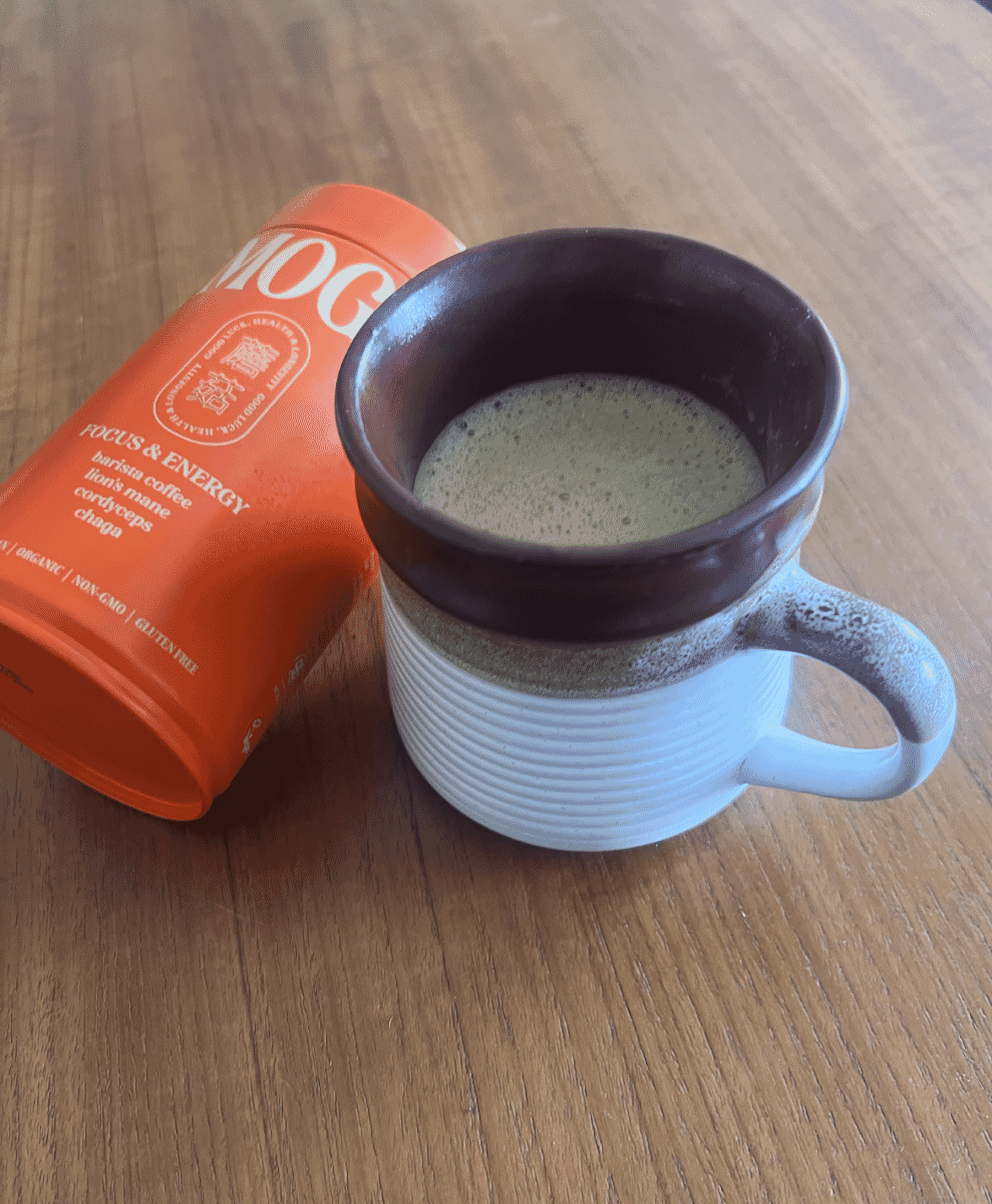 Flat lay photography of the MOGU trio variety pack and three prepared beverages.