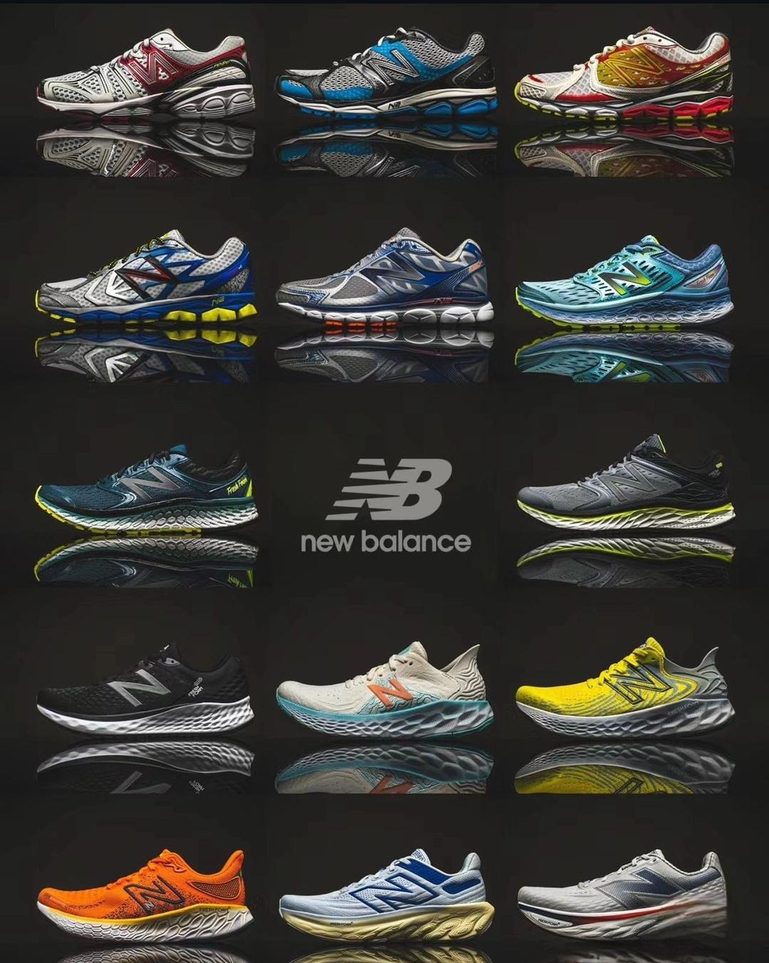 A grid display showing multiple colorways of New Balance running shoes on a reflective dark surface.