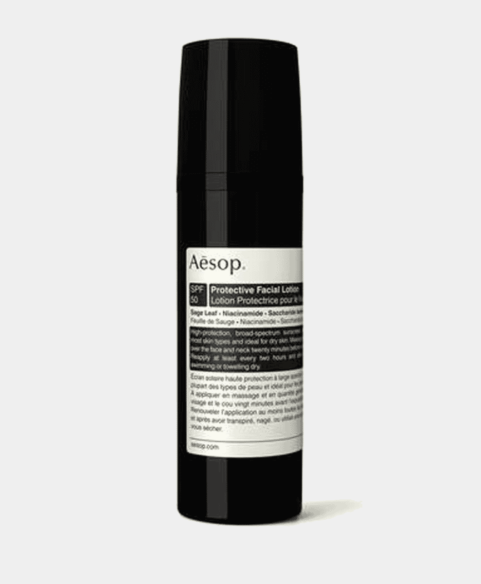 Aesop SPF Lotion bottle in its distinctive apothecary styling.