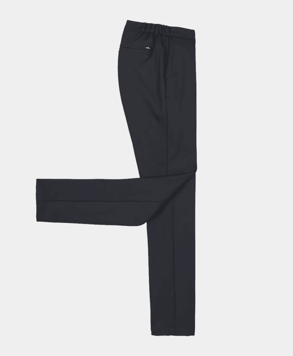 Dark gray tailored trousers with an elastic waistband and drawstring detail.