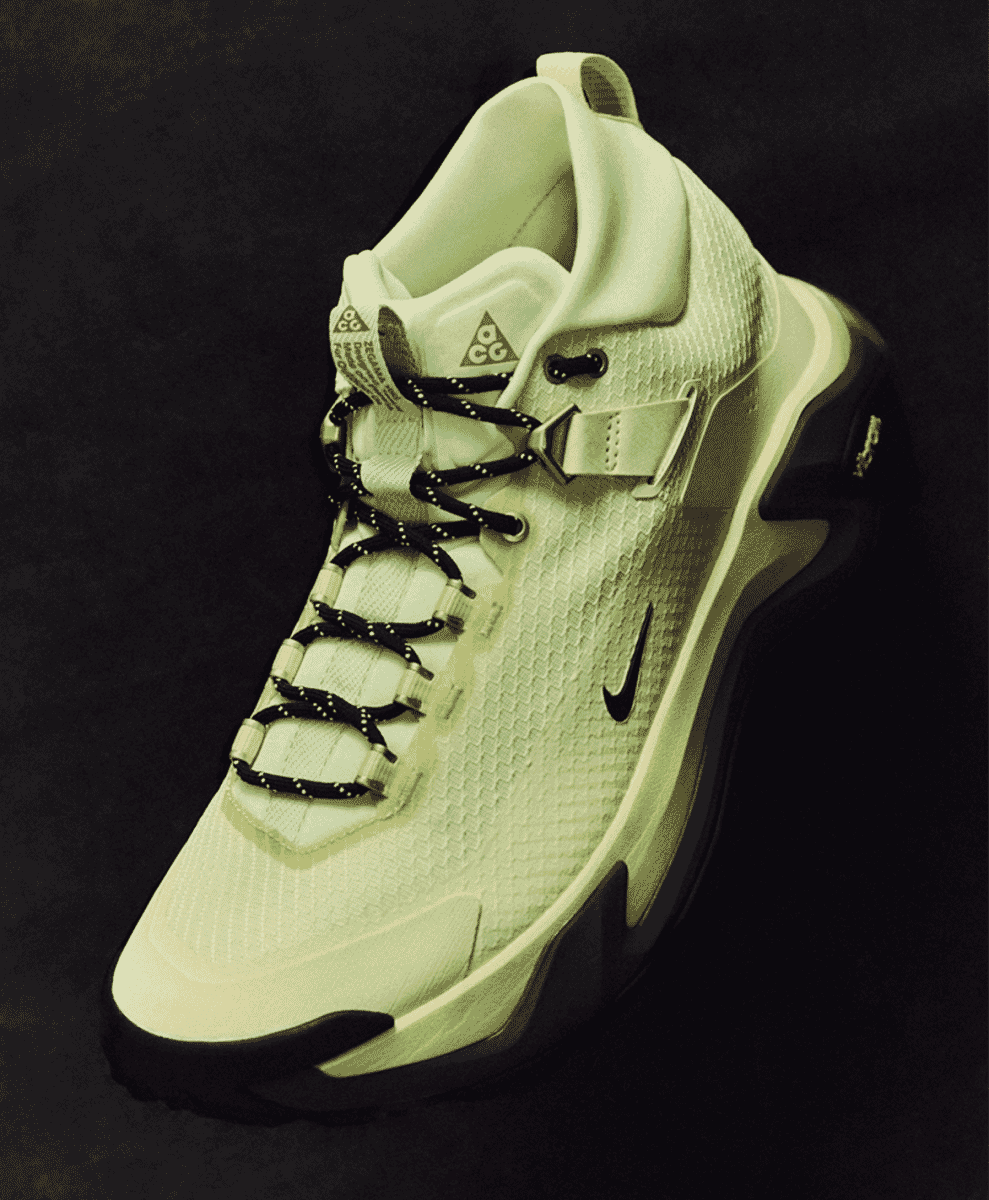 Mid-angle view of the Nike ACG Zegama Hike ankle collar and integrated debris gaiter.