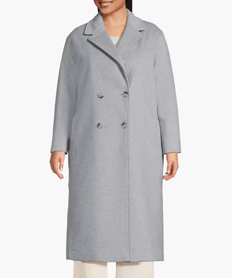 An insulated double-breasted wool coat from Lands End.
