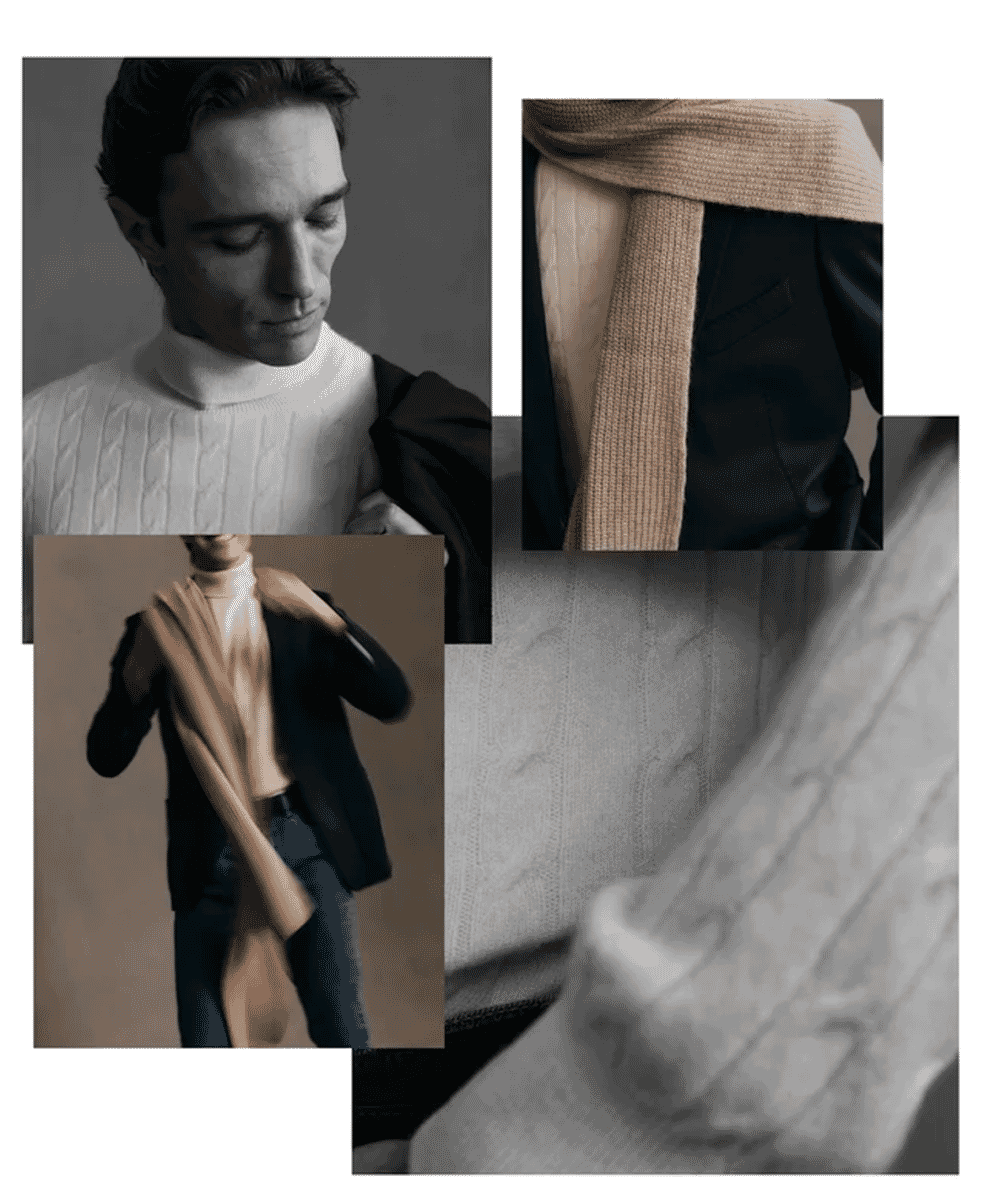 A collage of sophisticated menswear featuring knits and tailored overcoats.