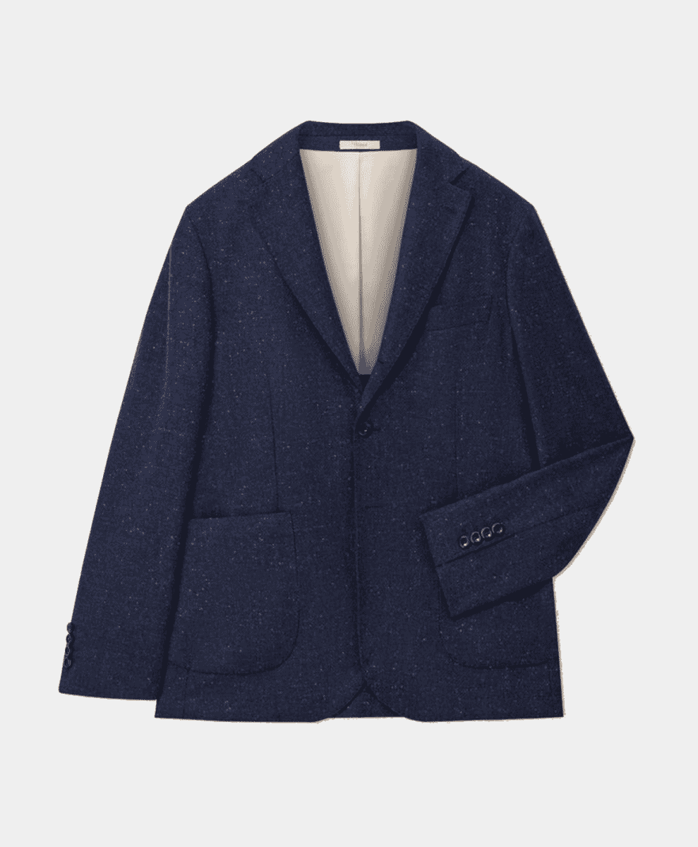 A navy blue textured blazer with single-button detail.