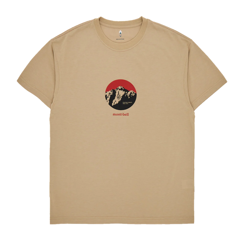 Beige short-sleeve t-shirt featuring a circular mountain graphic with red and black design, branded 'mont-bell'.