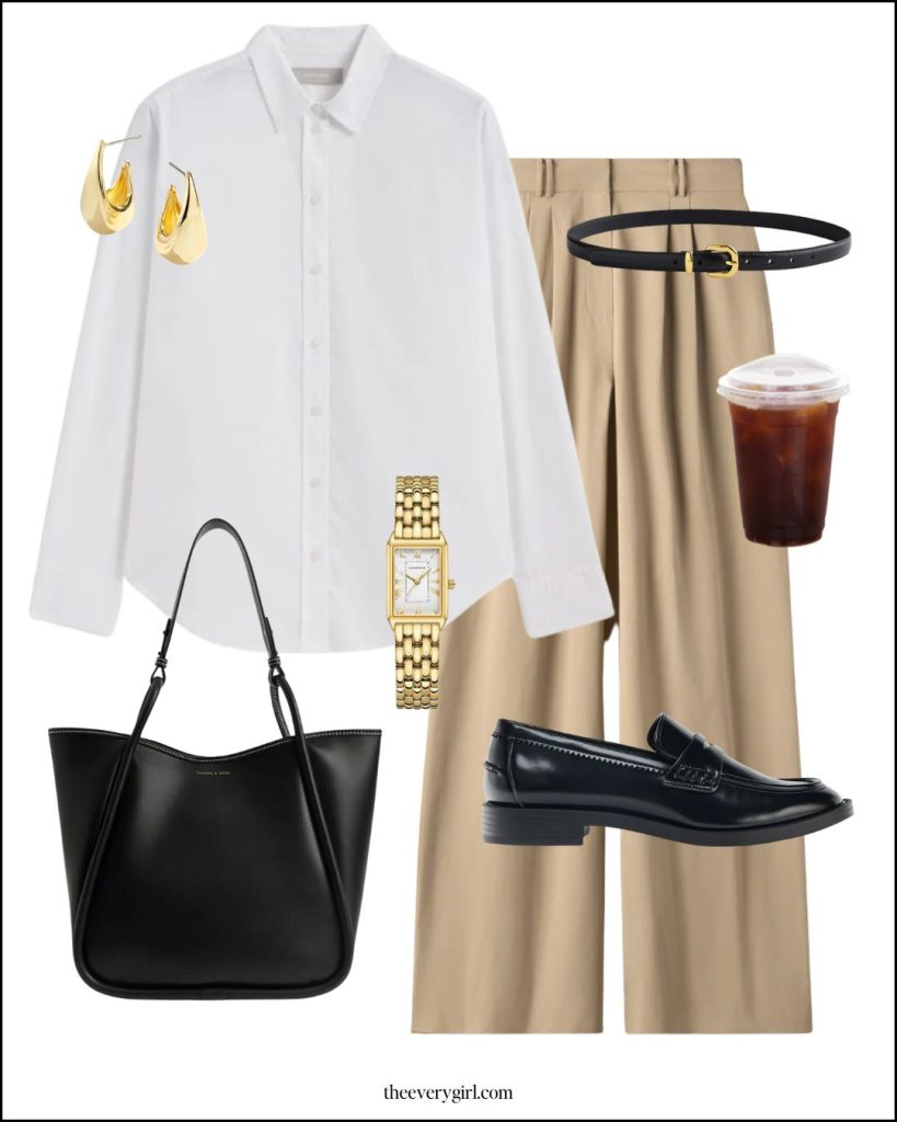 A crisp, high-quality white button-down shirt styled in a smart-casual office look.