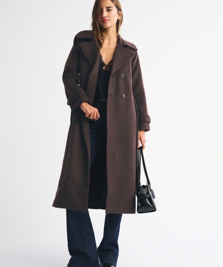 Classic tan Carrie wool-blend trench coat with a belted waist.