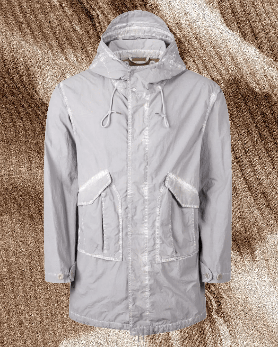 Light gray Ten c hooded parka coat with large utility flap pockets and front zipper.