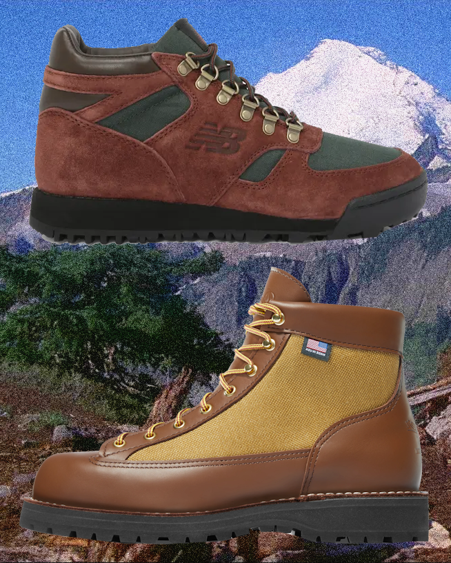 Brown suede New Balance hiking shoe and tan leather Danner work boot.