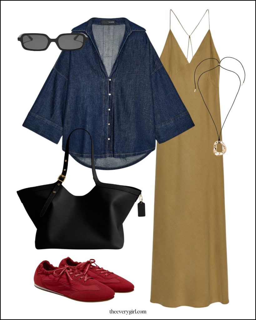 Satin slip dress layered with a denim shirt