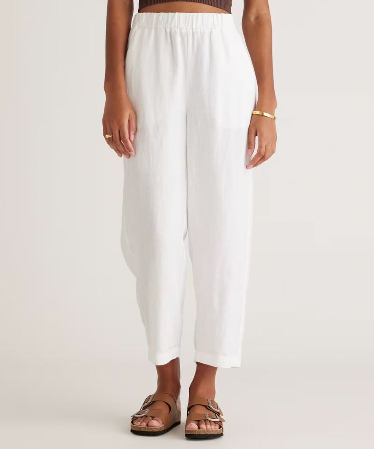 Pair of neutral-toned 100% European linen pants.