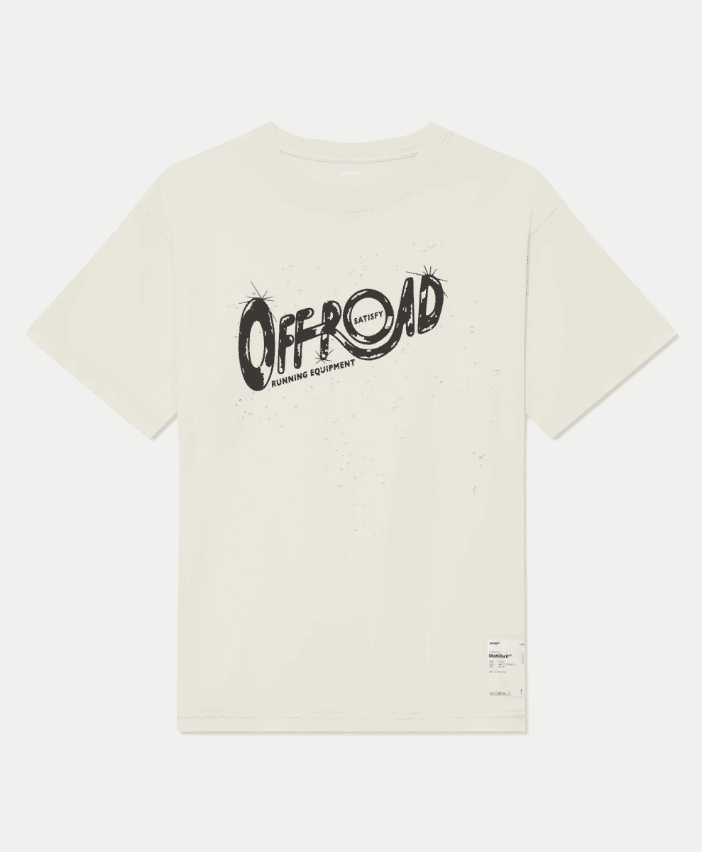 Cream-colored Satisfy MothTech T-shirt with OFF-ROAD graphic and perforated texture.